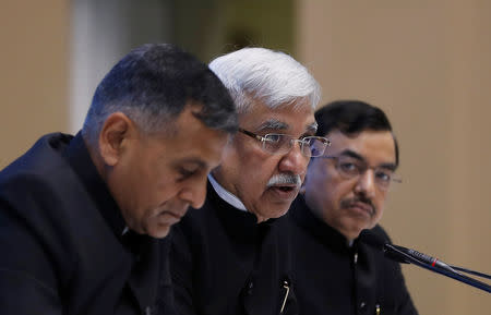 India's Chief Election Commissioner Sunil Arora (C) speaks as Election Commissioner Ashok Lavasa (L) and Sunil Chandra look on during a news conference in New Delhi, India, March 10, 2019. REUTERS/Adnan Abidi