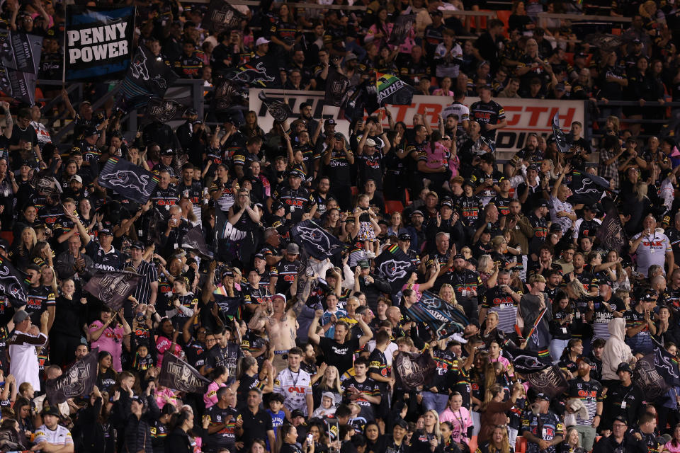 PENRITH, AUSTRALIA - MARCH 15: Panthers fans enjoy the atmosphere during the round two NRL match between Penrith Panthers and Parramatta Eels at BlueBet Stadium, on March 15, 2024, in Penrith, Australia. (Photo by Jason McCawley/Getty Images)