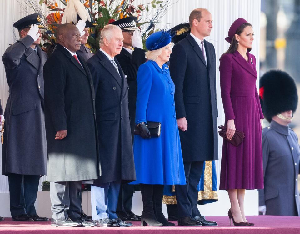 President Cyril Ramaphosa of South Africa, King Charles III, Camilla, Queen Consort, Prince William, Prince of Wales and Catherine, Princess of Wales attend the Ceremonial Welcome by The King and The Queen Consort at Horse Guards Parade on November 22, 2022 in London, England.