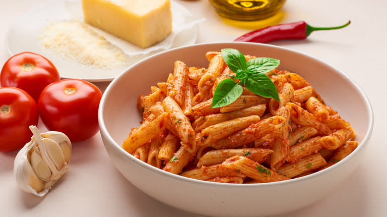 Penne pasta arrabiata with ingredients