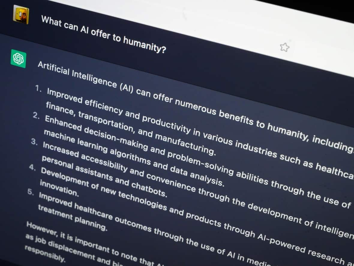 ChatGPT's answer to the question 'What can AI offer to humanity?' seen on a laptop screen in February in London, England. (Leon Neal/Getty Images - image credit)