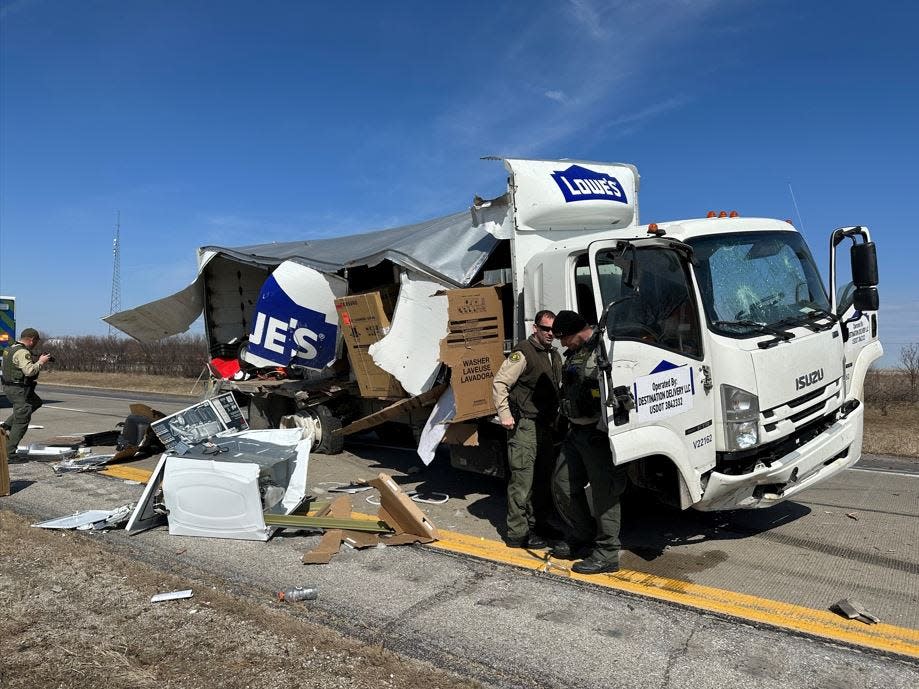 A Lowe's truck crashed into an Iowa Department of Transportation truck on Highway 30 Wednesday, March 29, 2023 while road crews were conducting roadway maintenance. Despite the significant vehicle damage, thanks to unique safety equipment on the DOT truck, there were no serious injuries.