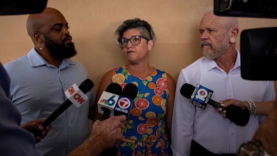 PHOTO: Jessica Norton, center, speaks with members of the media after the Broward County School Board meeting at Plantation High School auditorium, July 30, 2024, in Plantation, Fla. (Eva Marie Uzcategui/The Washington Post via Getty Images)