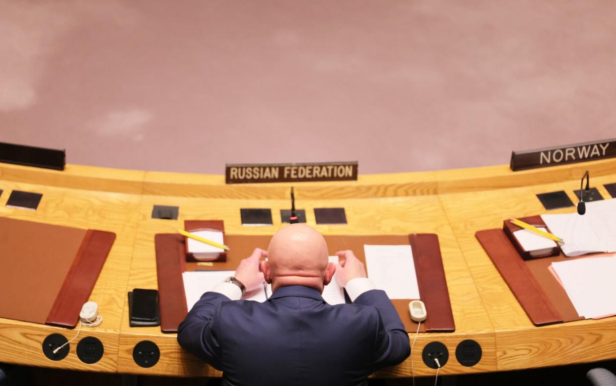 Vasily Nebenzya, Permanent Representative of Russia to the United Nations, speaks during a UN Security Council meeting - Michael M. Santiago/Getty Images North America