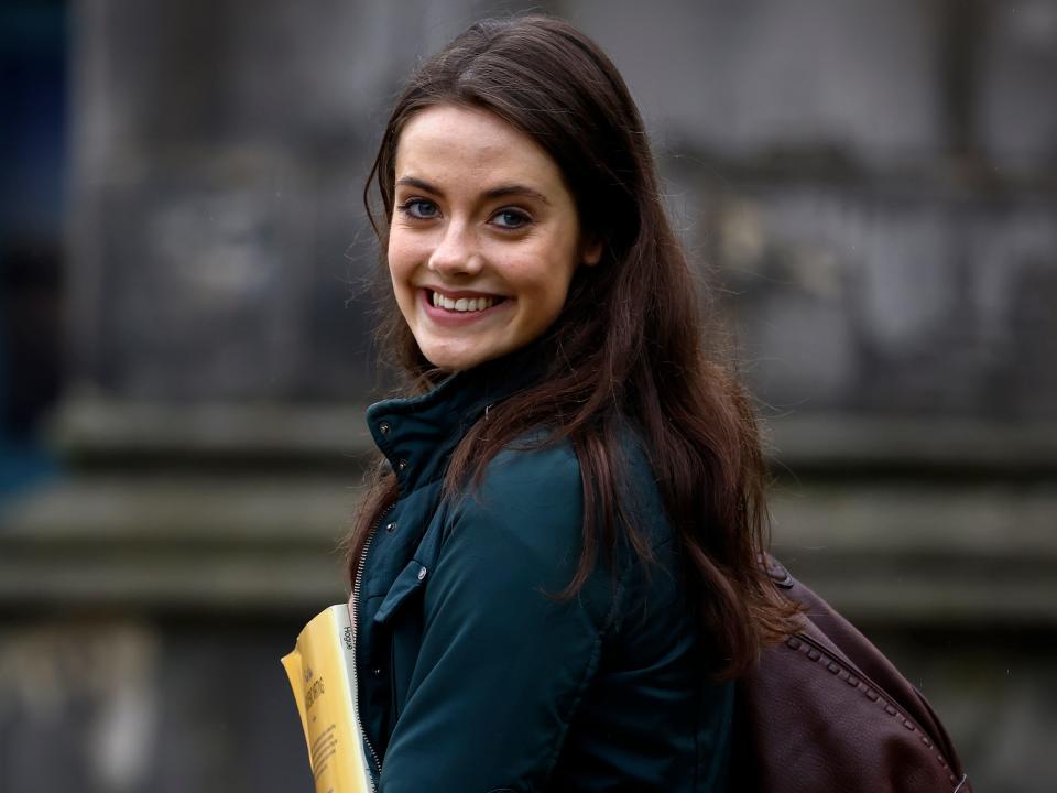 Actress Meg Bellamy, who plays Kate Middleton is seen during filming for the next season of The Crown in St Andrews, on March 17, 2023 in St Andrews, Scotland.