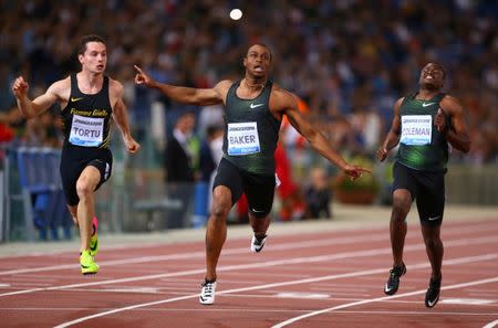Ronnie Baker of the U.S wins the Men's 100m at the IAAF Diamond League, Golden Gala at Stadio Olimpico in Rome, Italy, May 31, 2018. REUTERS/Tony Gentile