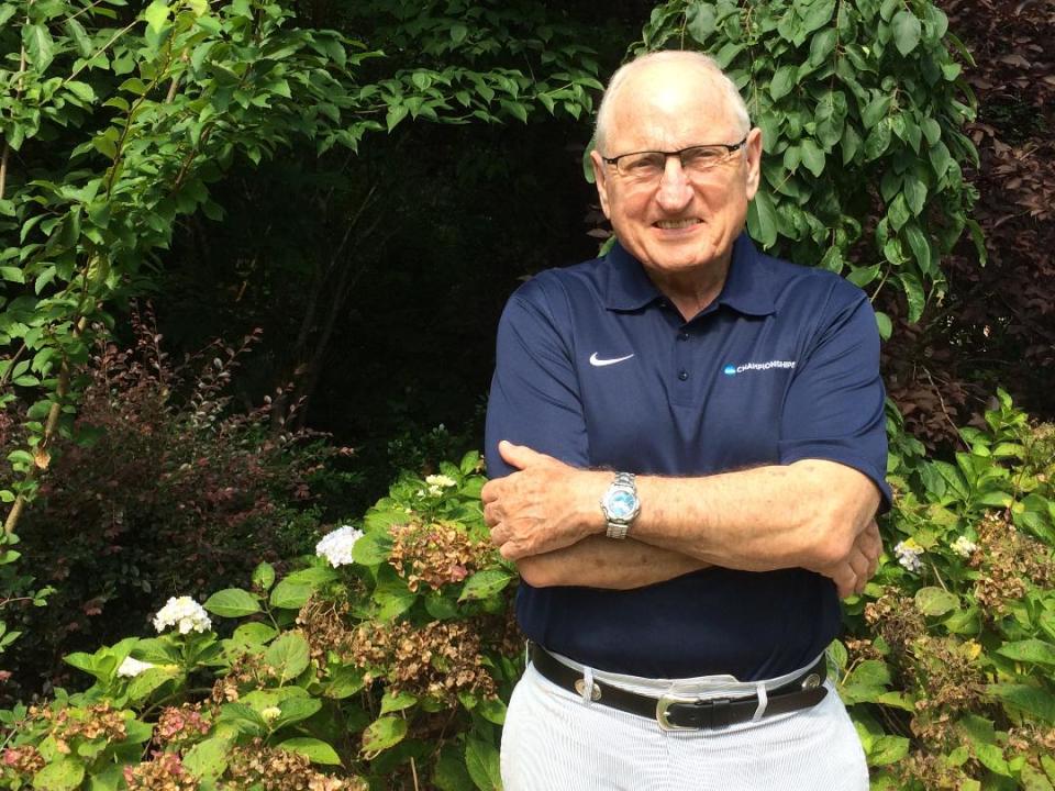 Vince Dooley in his garden in 2017 at his Athens home