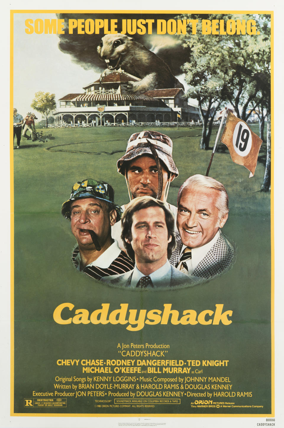 A poster for Harold Ramis' 1980 comedy 'Caddyshack' starring Chevy Chase, Rodney Dangerfield, Bill Murray, and Ted Knight. (Photo by Movie Poster Image Art/Getty Images)