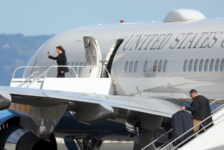 U.S. Vice President Kamala Harris arrives at San Francisco International Airport ahead of the APEC summit on November 14, 2023 in San Francisco, California. (Photo by Justin Sullivan/Getty Images)