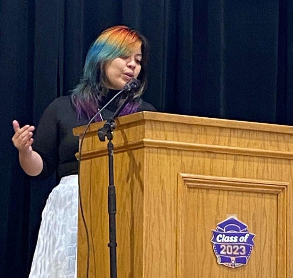 Jasmine Samson speaks to the class of 2023 at East Mountain School on the campus of the Carrier Clinic, which treats teens and young people for mental health. Samson spent nine months as a teenager as Carrier.