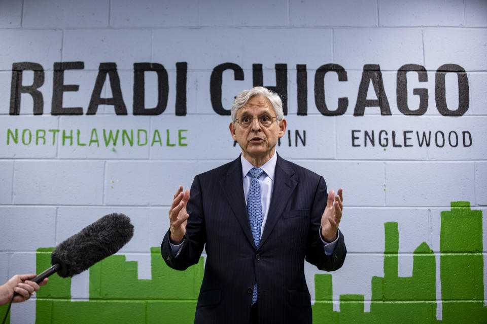 FILE - In this July 22, 2021 file photo, Attorney General Merrick Garland takes questions from reporters before attending a listening session on reducing gun violence at St. Agatha Catholic Church in Chicago. Garland traveled to Chicago to announce an initiative to crack down on violent crime and gun trafficking. The Justice Department’s 93 U.S. attorneys are likely to be central to that effort. (Samuel Corum/Pool via AP)