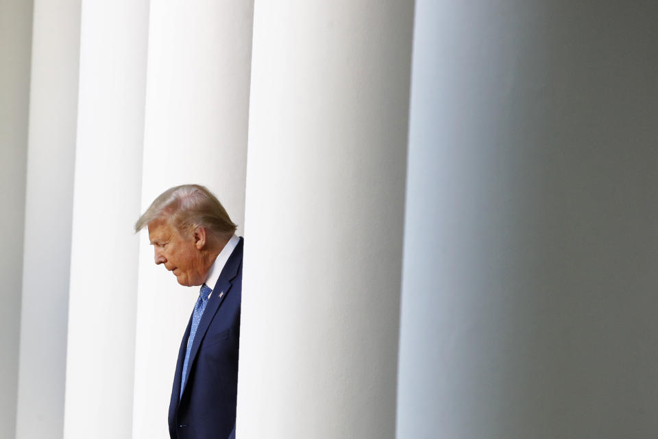 FILE - In this June 1, 2020, file photo President Donald Trump arrives to speak in the Rose Garden of the White House in Washington. (AP Photo/Patrick Semansky, File)