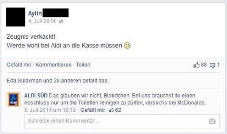 Coole Retourkutsche von Aldi Das hätte sich diese Facebook-Userin ersparen können. Auf ihren Post hin, dass sie das Zeugnis “verkackt” habe und nun nur noch bei Aldi arbeiten kann, antwortet das Unternehmen schlagfertig. (Foto: Tyrosize)