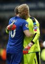 <p>Leicester City’s Kasper Schmeichel celebrates after the match with Andy King </p>