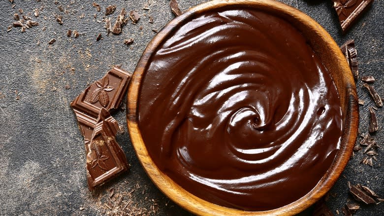 Top-down view of chocolate ganache in a bowl