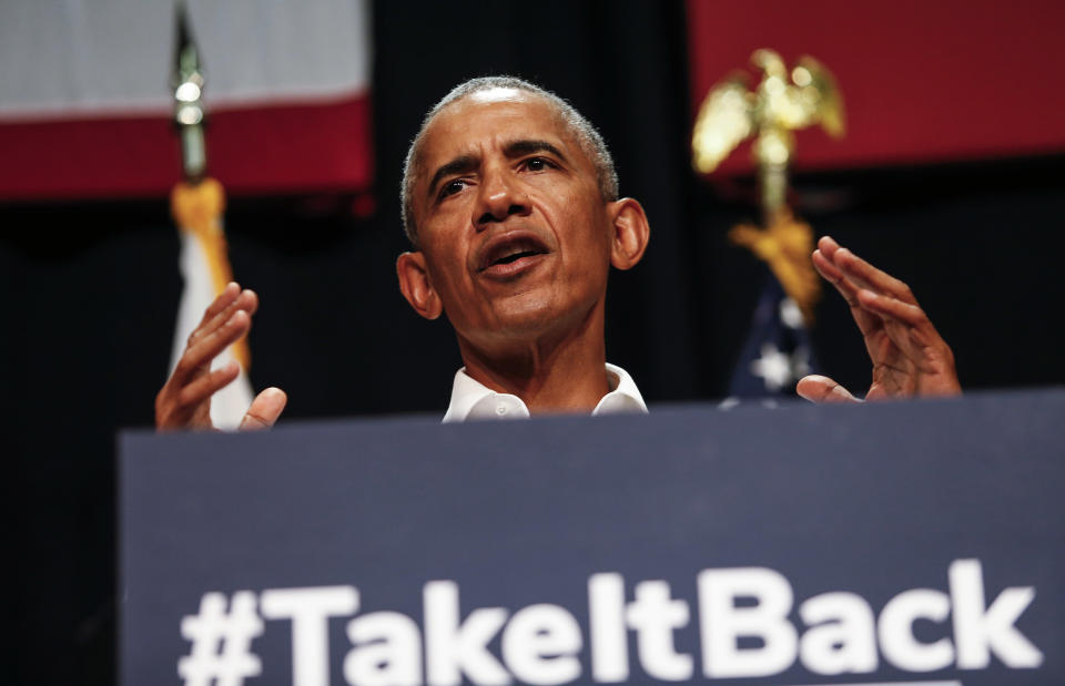 Former President Barack Obama speaks as he campaigns in support of California congressional candidates, Saturday, Sept. 8, 2018, in Anaheim, Calif. (AP Photo/Ringo H.W. Chiu)