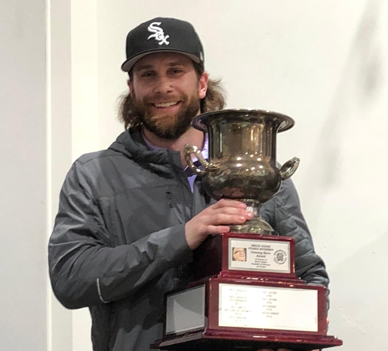 Peoria Rivermen veteran winger-defenseman Jordan Ernst won the Bruce Saurs Leadership Award at the annual Rivermen Captain's Booster Club spring team banquet at Raber's Packing on Tuesday, March 26, 2024.