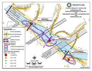 Geology, sampling results, and schematic drilling plan of the Carbonara Grid, Nassau Gold Project, Suriname.