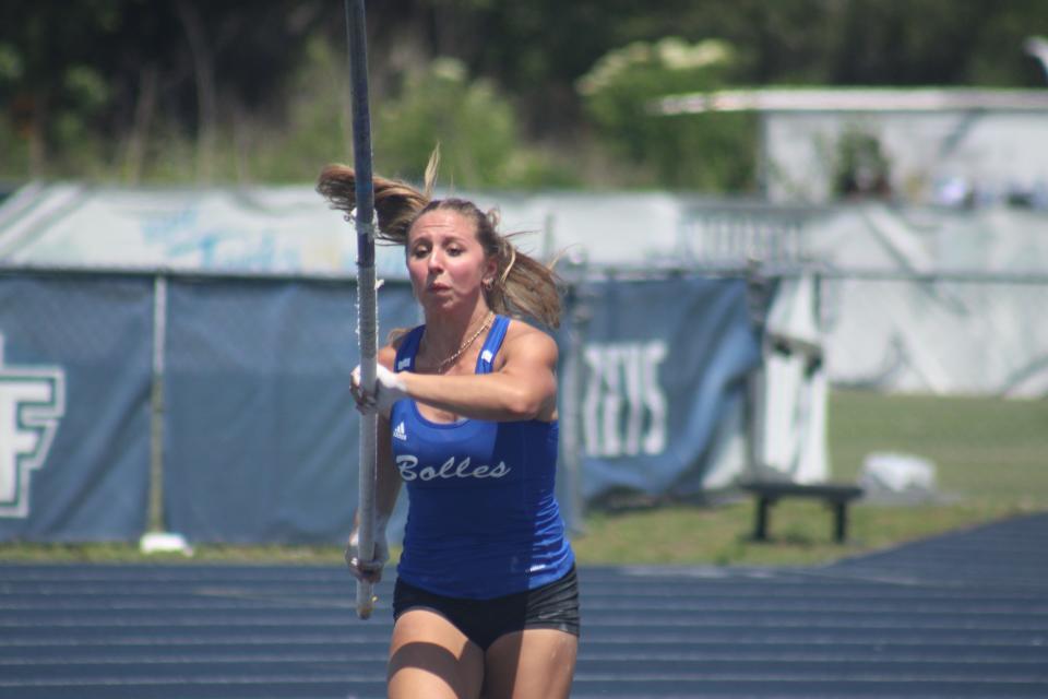 Presley Wolfe of Bolles races up the runway in the girls pole vault during the FHSAA Class 2A high school track and field meet in Jacksonville on May 16, 2024. [Clayton Freeman/Florida Times-Union]