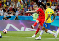 <p>Kevin De Bruyne lasers a powerful shot into the far corner to double Belgium’s lead </p>