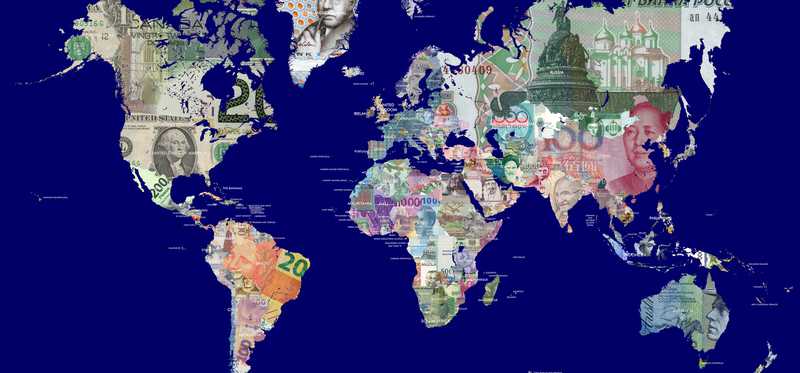 world map made of different countries currencies