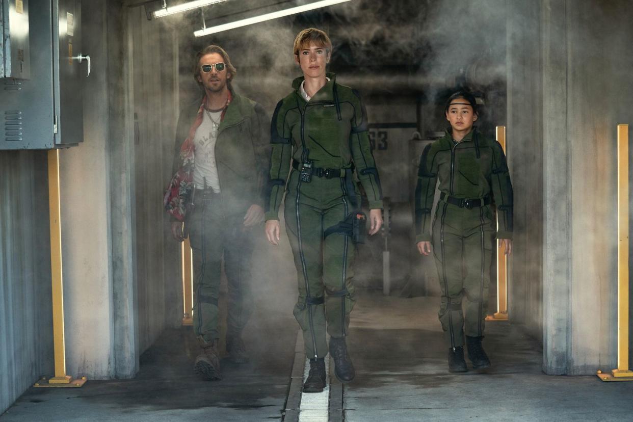 dan stevens as trapper, rebecca hall as dr ilene andrews, kaylee hottle as jia, godzilla x kong the new empire