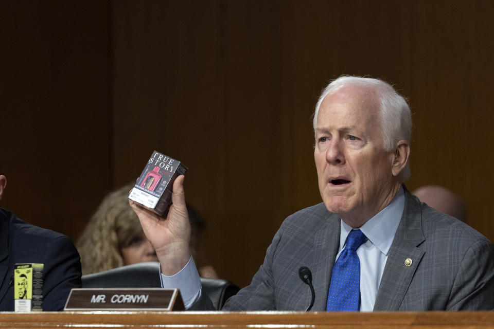 Sen. John Cornyn, R-Texas, speaks during a hearing on combating the rise of illegal electronic cigarettes, on Capitol Hill, Wednesday, June 12, 2024, in Washington. ( AP Photo/Jose Luis Magana)