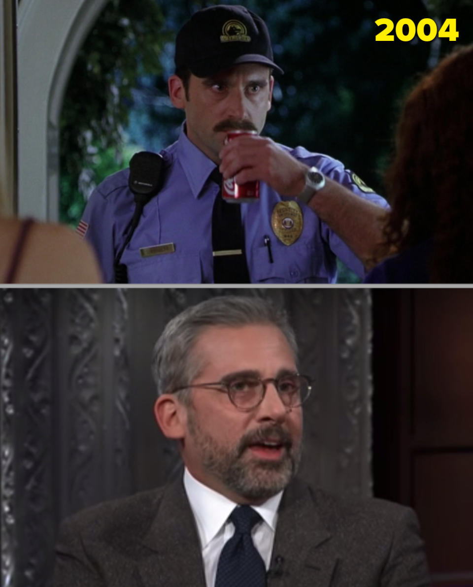 Steve Carell as the mall cob vs. him being interviewed by Stephen Colbert