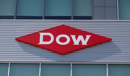 The Dow logo is seen on a building in downtown Midland, Michigan, in this May 14, 2015 file photograph. REUTERS/Rebecca Cook