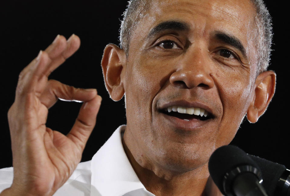 Former President Barack Obama speaks at a rally in support of candidate for Senate Jacky Rosen and other Nevada Democrats, Monday, Oct. 22, 2018, in Las Vegas. (AP Photo/John Locher)