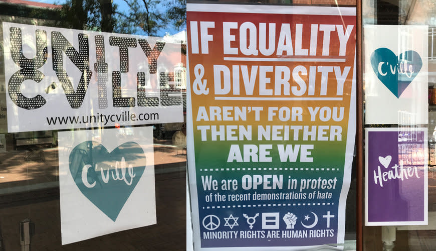 Signs posted throughout Charlottesville's downtown area in September, a month after the violence of the "Unite the Right" rally. (Photo: Katherine Brooks/HuffPost)