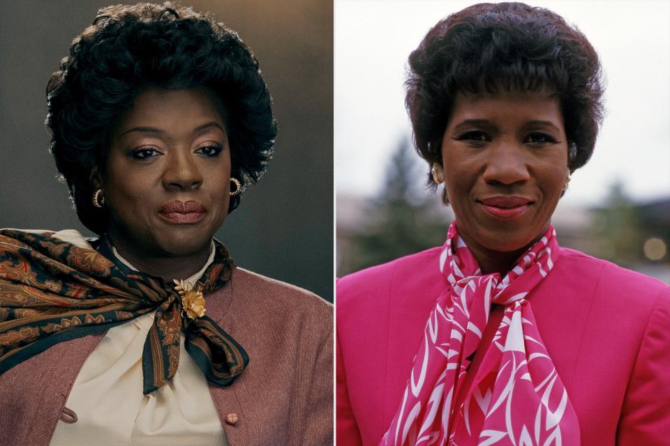 Viola Davis as Deloris Jordan and Julius Tennon as James Jordan in AIR Photo: ANA CARBALLOSA © AMAZON CONTENT SERVICES LLC; Unspecified - 1988: Deloris Jordan on 'Superstars And Their Moms - An Walt Disney Television via Getty Images Mother's Day Special'. (Photo by Steve Kagan /Disney General Entertainment Content via Getty Images)