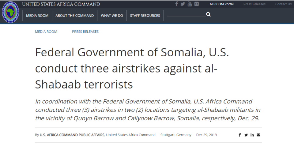 美軍非洲司令部表示，美國軍方29日在索馬利亞對伊斯蘭好戰組織「青年黨」(Al-Shabaab)發動空襲，擊斃4名「恐怖份子」。(圖: africom)