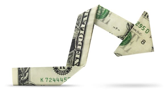 A regular dollar bill, folded into a charting arrow that ends up pointing downward.