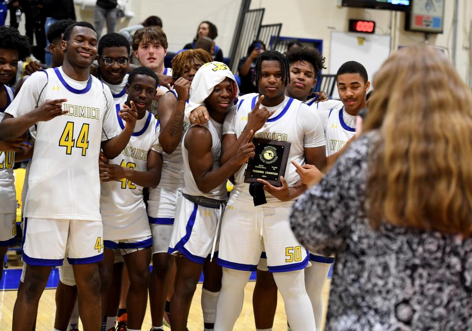 Wi-Hi celebrates their win over Queen Anne's 55-44 in the 2A regional final Thursday, March 2, 2023, in Salisbury. 