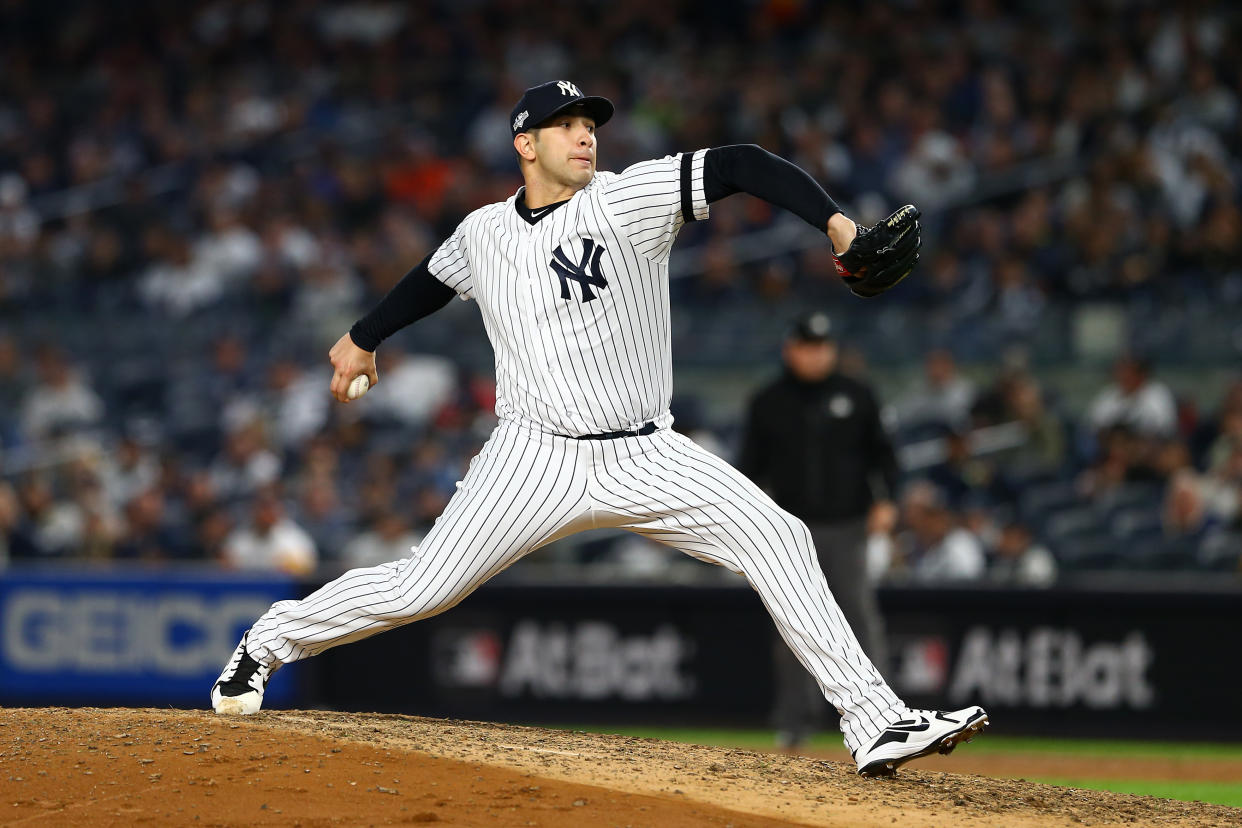 NEW YORK, NEW YORK - OCTOBER 15: Luis Cessa #85 of the New York Yankees pitches during the eighth inning against the Houston Astros in game three of the American League Championship Series at Yankee Stadium on October 15, 2019 in New York City. (Photo by Mike Stobe/Getty Images)