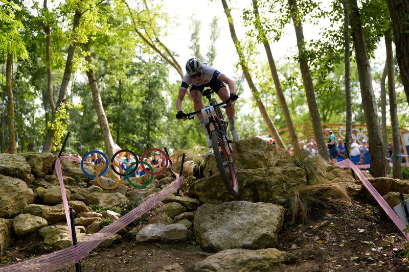 Haley Batten, of United States, competes in the women's mountain bike cycling event, at the 2024 Summer Olympics, Sunday, July 28, 2024, in Elancourt, France. | George Walker IV