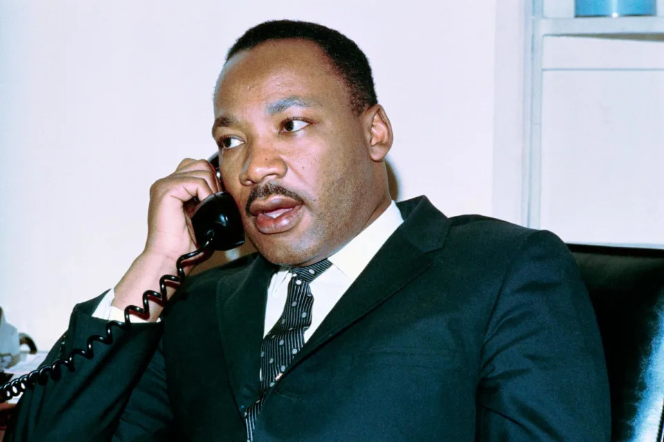 PHOTO: Dr. Martin Luther King Jr., on the phone after delivering a sermon at the Washington Episcopal Cathedral in Washington, D.C. (Bettmann Archive via Getty Images)