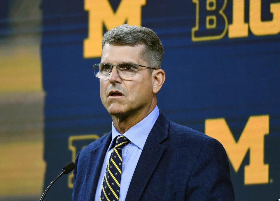 Michigan coach Jim Harbaugh speaks to the media during Big Ten football media days on Thursday, July 27, 2023, in Indianapolis.