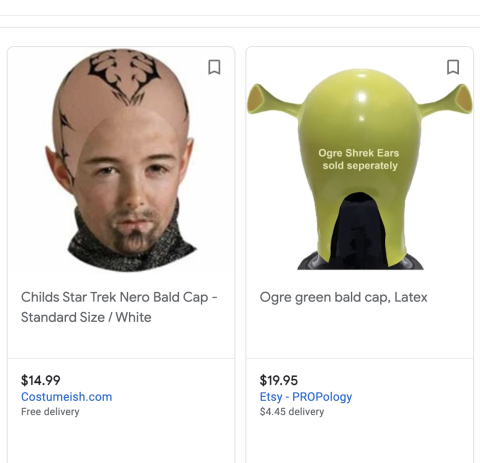 On the left, there's a bald cap to look like Nero from Star Trek, and on the right is a Shrek ogre bald cap