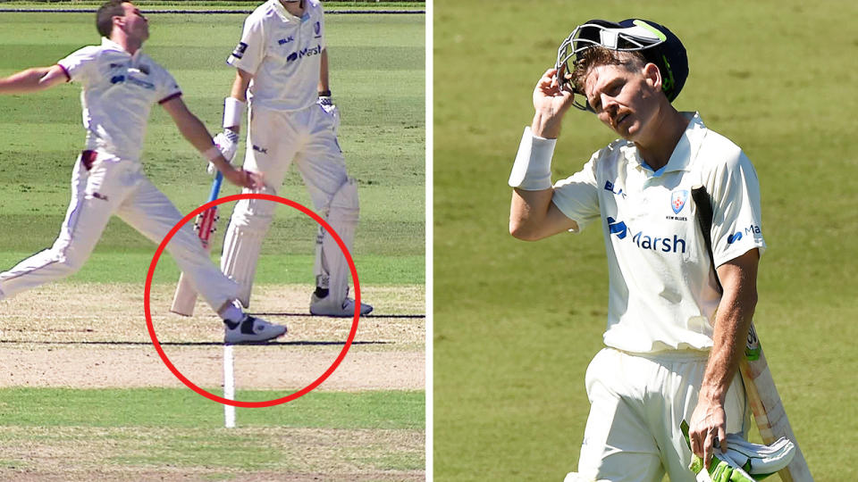 Queensland's Jack Wildermuth (pictured left) bowling and Daniel Hughes (pictured right) walking off after being dismissed.