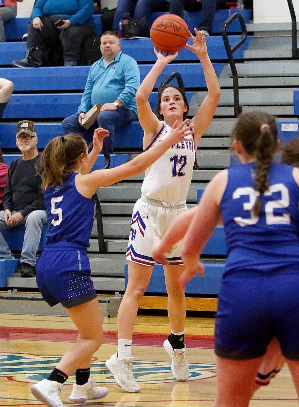 Mapleton High School's Heidi Earl (12) shoots Northwestern High School during high school girls basketball action on Tuesday, Jan. 18, 2022 at Mapleton High School. TOM E. PUSKAR/TIMES-GAZETTE.COM