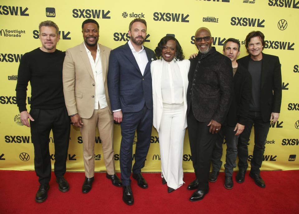 Matt Damon, Chris Tucker, Ben Affleck, Viola Davis, Julius Tennon, Chris Messina and Jason Bateman, from left, arrive for the world premiere of "Air," at the Paramount Theatre during the South by Southwest Film & TV Festival, Saturday, March 18, 2023, in Austin, Texas. (Photo by Jack Plunkett/Invision/AP)