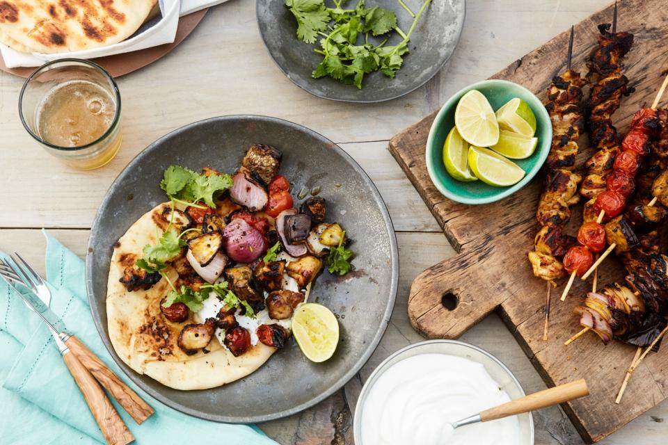 Indian-Spiced Chicken, Eggplant, and Tomato Skewers