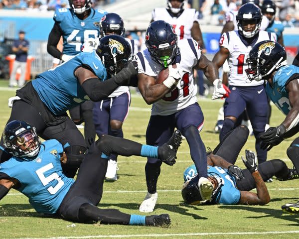 Running back Dameon Pierce (C) and the Houston Texans will face the Baltimore Ravens in Week 1. File Photo by Joe Marino/UPI