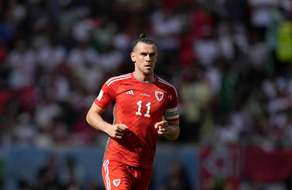 Wales' Gareth Bale during the World Cup group B soccer match between Wales and Iran, at the Ahmad Bin Ali Stadium in Al Rayyan , Qatar, Friday, Nov. 25, 2022. (AP Photo/Pavel Golovkin)