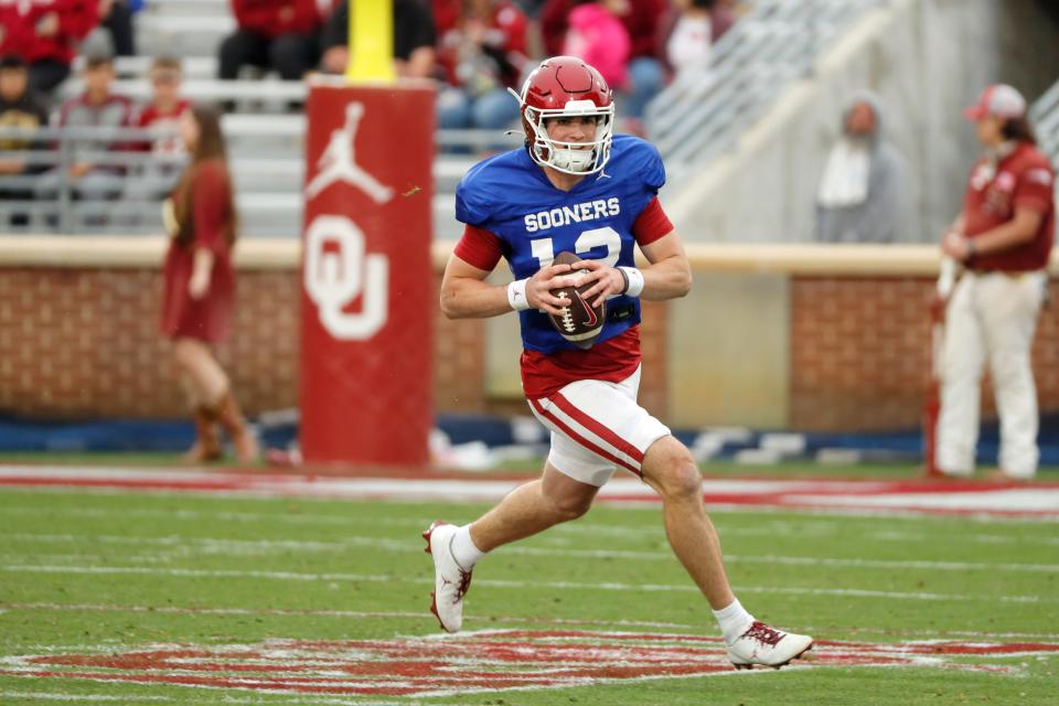 Brendan Zurbrugg scrambles during the Oklahoma Sooners spring game, April 20, 2024.