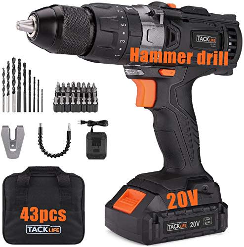 TACKLIFE 20V Cordless Drill, 35N.m, 43pcs, 1 Hour Fast Charger & 2.0Ah Li-ion Battery, Hammer D…