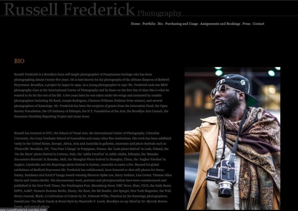 A screenshot of photographer Russell Frederick’s bio page.