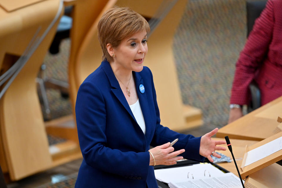 EDINBURGH, SCOTLAND - OCTOBER 08: Scottish First Minister Nicola Sturgeon takes questions during First Minister's Questions at the Scottish Parliament on October 8, 2020 in Edinburgh, Scotland. (Photo by Jeff J Mitchell - Pool /Getty Images)